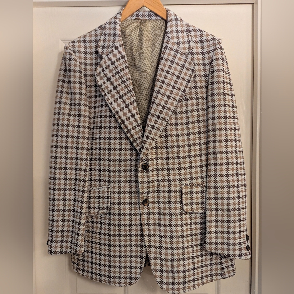 Vintage Sears The Men's Store Brown, Tan & White Houndstooth Blazer 2 Buttons